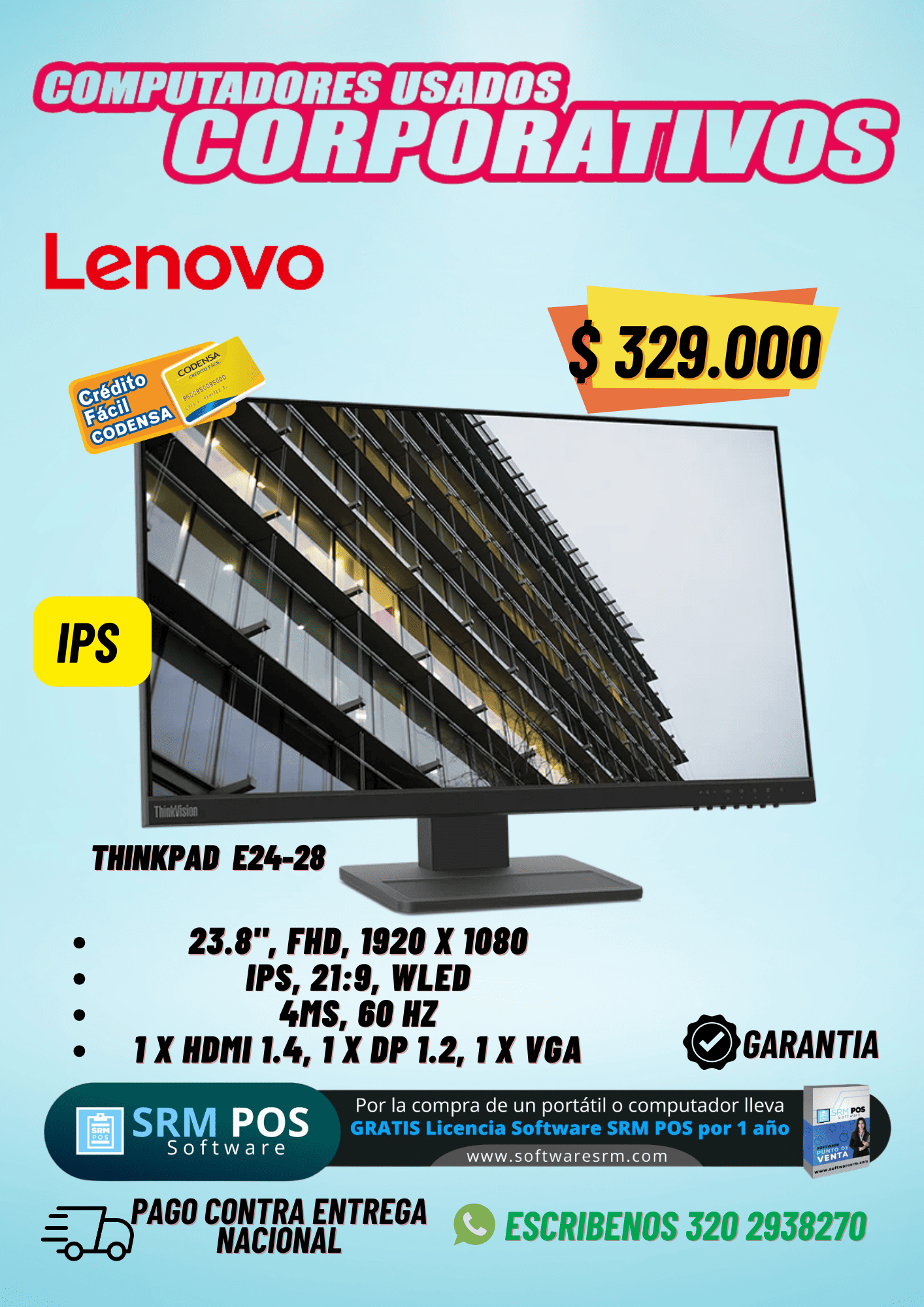 Monitor Lenovo ThinkVision E24-28 23.8” IPS FHD HDMI DP VGA
